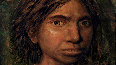 Illustration eines Denisosva-Mädchens mit kräftigen, dunklen Haaren und einem ungewöhnlich breiten Gesicht